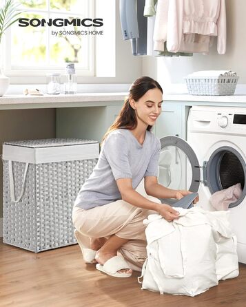 Кошик для білизни SONGMICS з кришкою, 90 л, 2 відділення, знімний мішок з ручками, ручне плетіння, для спальні та ванної, 33x46x60 см, білий