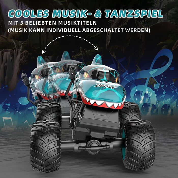 RC Monstertruck 1:20 2.4GHz Динозавр – Радіокерований позашляховик, 20 км/год, LED, Музика, для хлопчиків та дівчаток від 3 років, Зелений