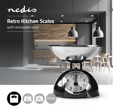 Кухонні ваги Nedis Retro, механічні, 5 кг, знімна чаша з нержавіючої сталі, точність 25 г, чорні/сріблясті, для продуктів, легке очищення