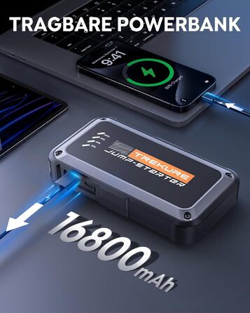 Бустер для автомобіля TREKURE 7000A: Пусковий пристрій (Powerbank) для бензинових двигунів до 9л та дизельних до 6.5л, з функцією примусового запуску, магнітним кріпленням та 4-в-1 LED робочим світлом, сріблястий