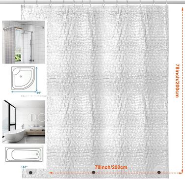 Душова завіса AiQInu 200x200 см, прозора 3D EVA, антигрибкова, водонепроникна, екологічна, з обтяжувачем, 13 гачків, для ванної кімнати