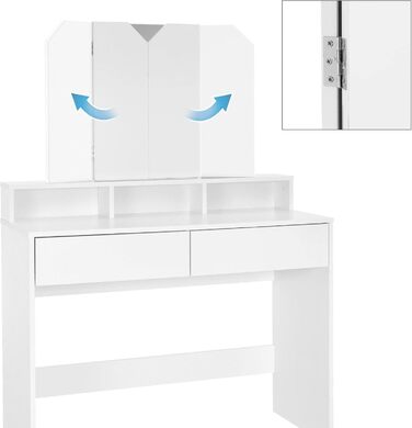 Білий туалетний столик ML-Design з трисекційним дзеркалом, 2 шухлядами та 3 відкритими полицями, 100x40x140 см, сучасний косметичний стіл