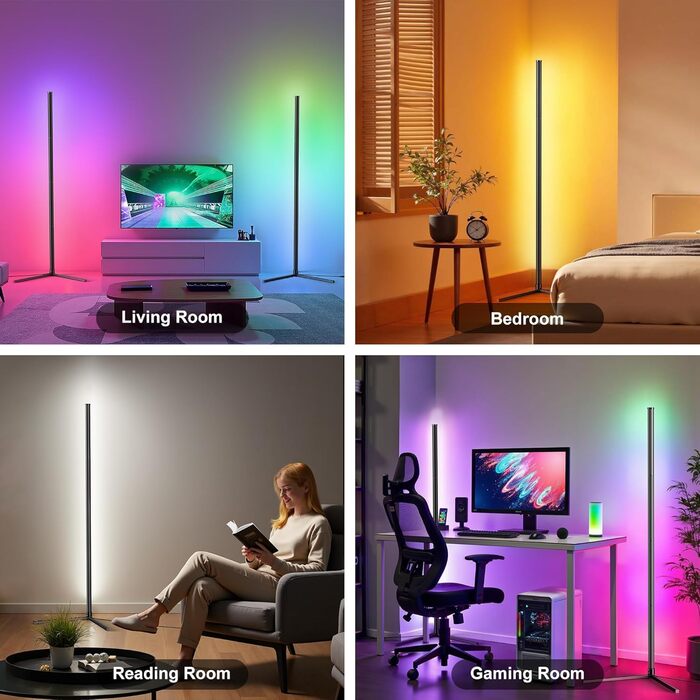 LED Торшер у вітальню RGB з димером, пультом та керуванням через додаток. Кутова LED лампа з 16 млн кольорів, 68+ режимів, музичний режим для спальні та геймінгу