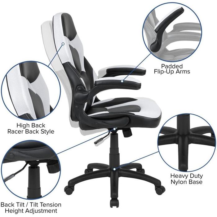 Ігрове крісло Flash Furniture X10, ергономічне, з регульованою спинкою, для комп'ютера і геймінгу, LeatherSoft, біло-чорне