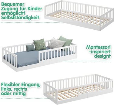 Ліжко дитяче CADANI Timi 2в1 Montessori 120x200 см з бортиками та ламелями, масив сосни, біле - 3 варіанти збірки, до 200 кг