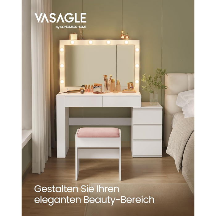 Трюмо VASAGLE з LED-підсвічуванням, дзеркалом та ящиками, 40 x 125 x 140 см, сучасний дизайн, колір 