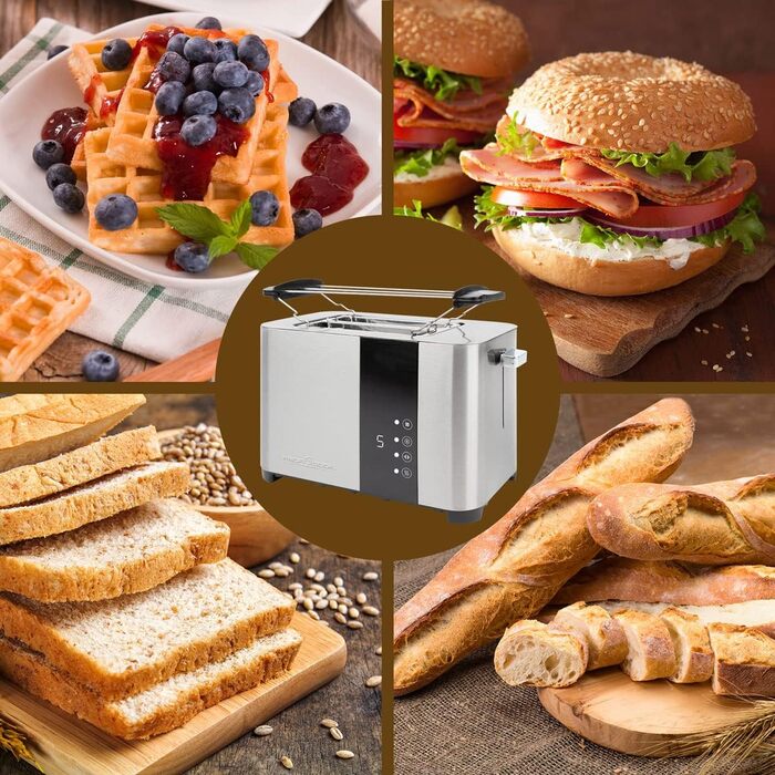 Тостер ProfiCook 2-складовий, нержавіюча сталь, 850 Вт, широкий слот, знімна насадка для булочок, 7 режимів підсмажування, сенсорне управління, лоток для крихт, PC-TA 1250