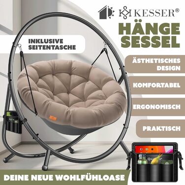 Крісло-гамак KESSER Bali з підставкою до 150 кг для дому та саду (бежеве) + подушка та кишеня. Сталевий каркас, м'яке сидіння