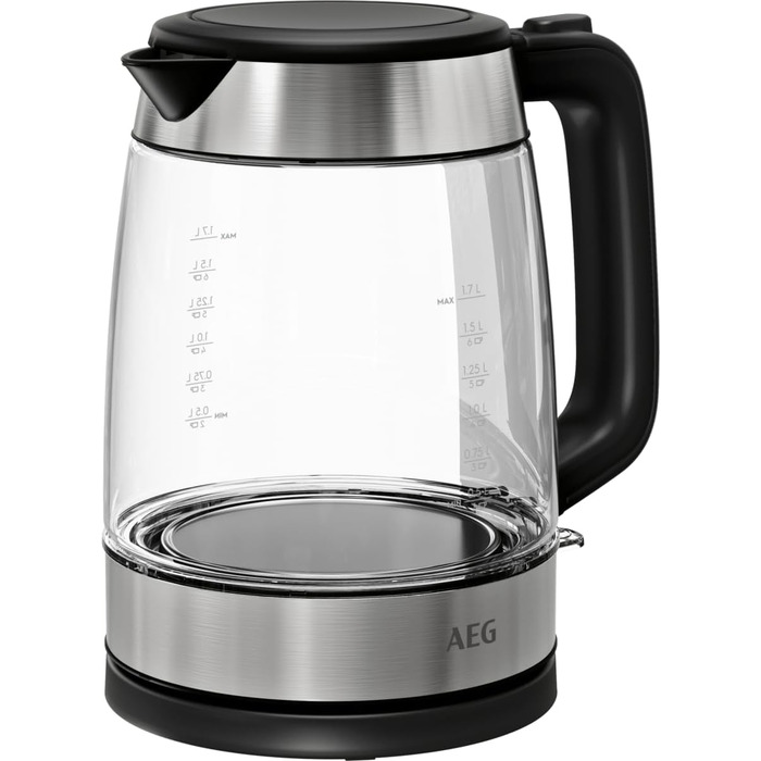 Електрочайник скляний AEG GK4-1-4GB, 2200 Вт, 1,7 л, знімний фільтр, індикатор рівня води, автовідключення, відкривання однією рукою
