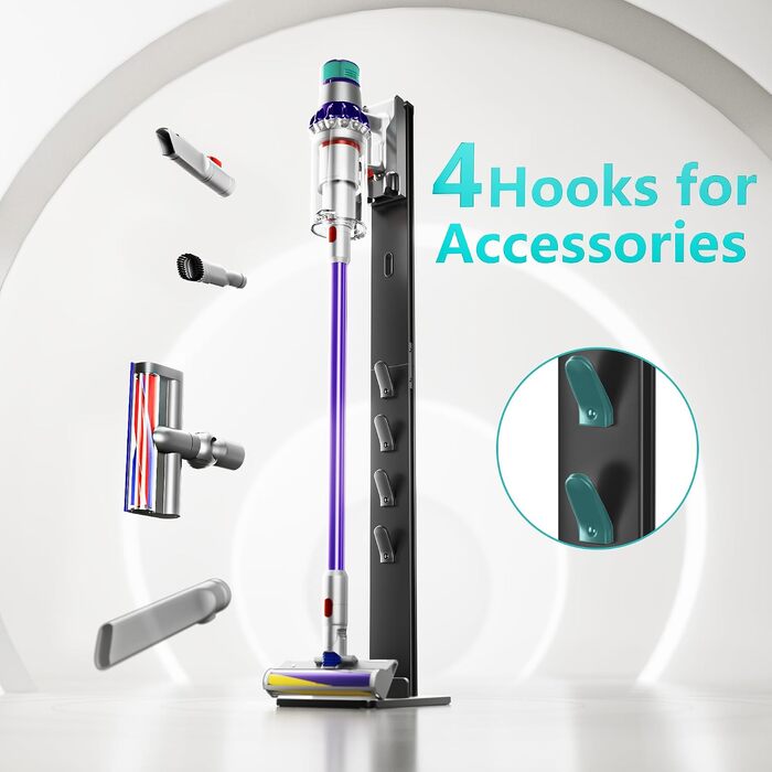 Тримач для пилососа PEGZONE для Dyson (V6, V7, V8, V10, V11, V12, V15, Gen5) — настінний органайзер для насадок з 4 гачками та 4 полицями, чорний