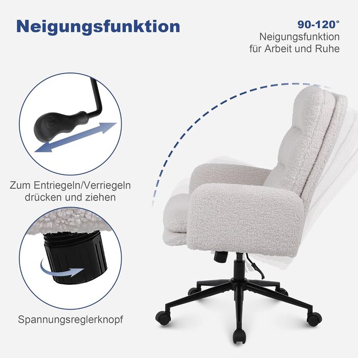 Крісло для робочого столу Youhauchair з кашеміру, ергономічне офісне крісло з високою спинкою, зручне крісло для туалету, поворотне крісло з регульованою висотою, кремове крісло з високою спинкою з кашеміру
