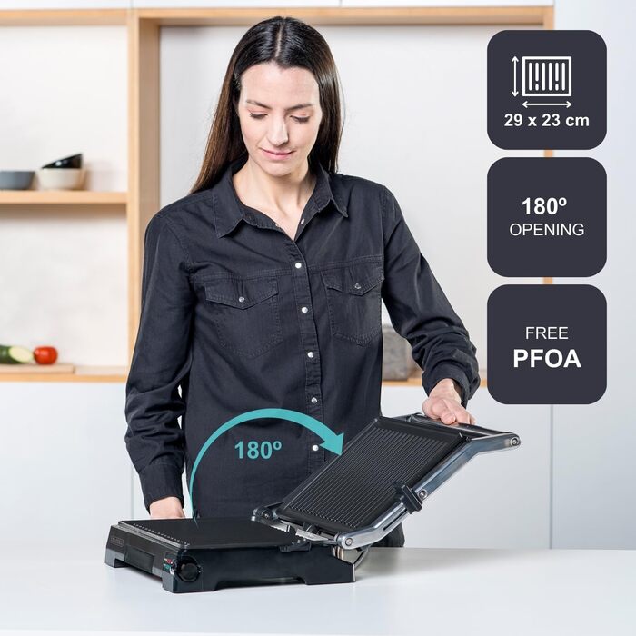 Електричний гриль-контактна поверхня Black+Decker BXGR2200E 2-в-1 (2200W, 29x23 см) з LCD-дисплеєм