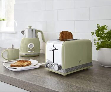 Тостер Swan Retro ST19010GNEU, 2-слотовий, широкий, вінтажний дизайн, 3 функції (розморожування/підігрів/скасування), 6 режимів, нержавіюча сталь, зелений, 815 Вт