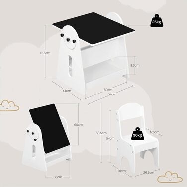 Дитячий стіл WOLTU з 2 стільцями, білий: стіл для малювання з дошкою та місцем для зберігання