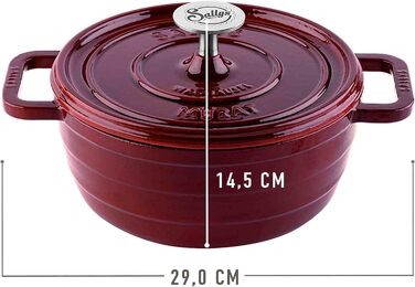 Гурманський чавунний казан Sallys 'Murat' з кришкою, емальований, 2,2 л, для всіх плит і духовки, до 250°C, з кулінарною брошурою, бордовий