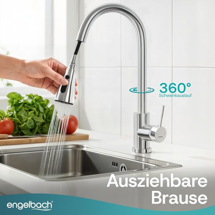 Змішувач кухонний Engelbach® висувний, поворотний на 360°, нержавіюча сталь 304, 2 режими подачі води, для мийки (хром)