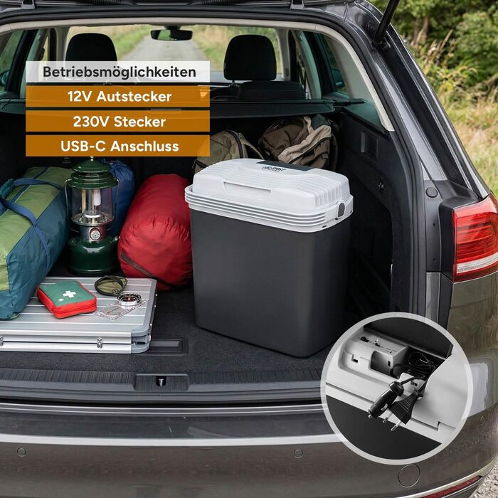 Автомобільний холодильник/термос First Austria 24L з USB-C PD 3.0 (52W) - для авто та кемпінгу, чорний/сірий