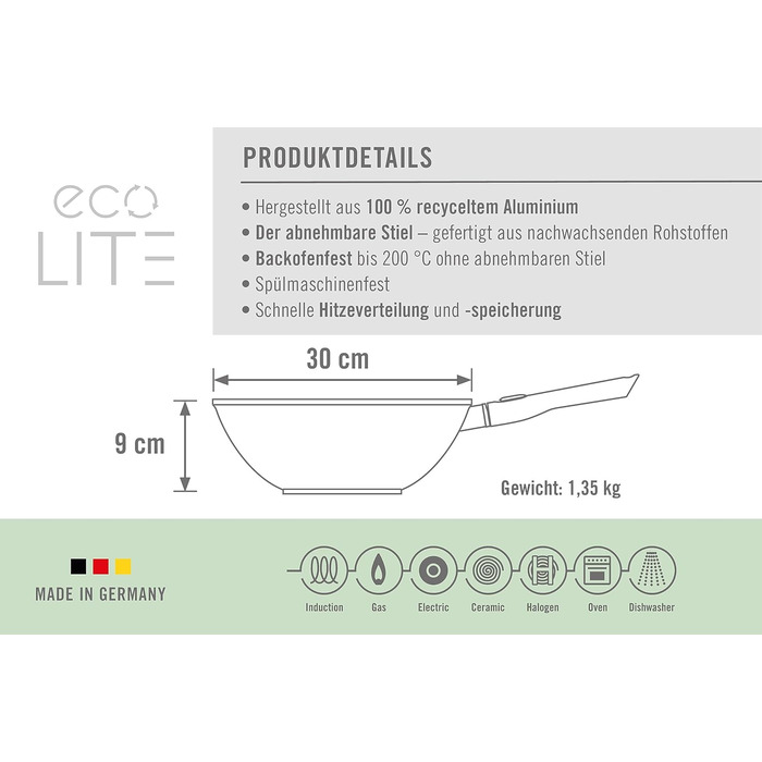 Сковорода-вок Woll Eco Lite 30 см, індукційна, знімна ручка, литий алюміній, для всіх плит, чорна