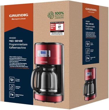 Кавоварка Grundig KM 6330 Red Sense, 1,8 л, 12 чашок, з цифровим годинником і програмованим стартом, металік червона