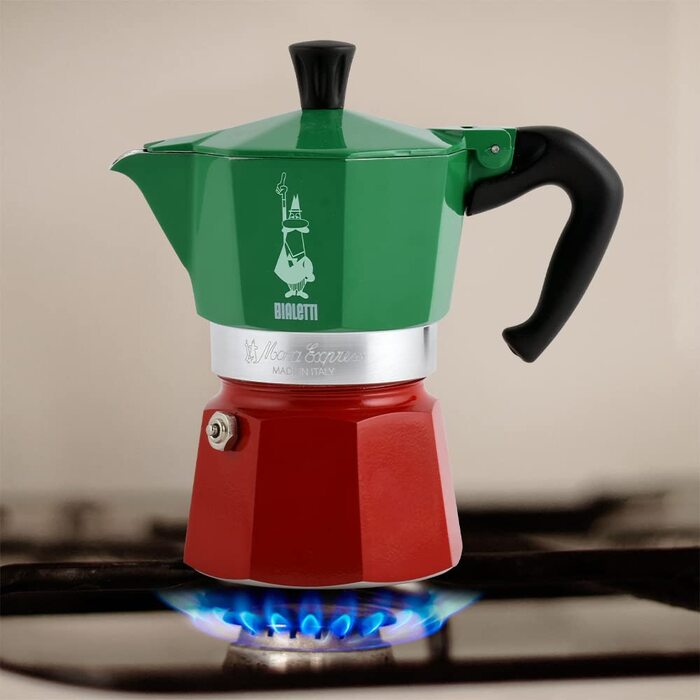 Кавоварка Bialetti Moka Express Italia, 3 чашки, алюмінієва, червоно-зелено-срібляста, класична еспресо-турка для плити