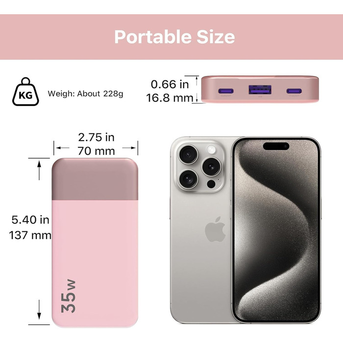 Power Bank Nobis 10000mAh з цифровим дисплеєм, USB-C, 35W, PD/QC, рожевий