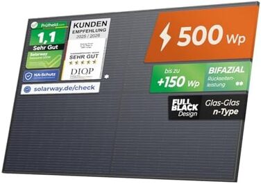 Двостороння сонячна панель Solarway Full Black Bifacial Glass/Glass n-type 500 Вт для балкона