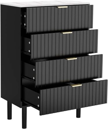 Комод UEV з 4 шухлядами, 60x34x94 см, вузький комод з мармуровою стільницею, шафа для зберігання у вітальню, спальню, коридор, чорний