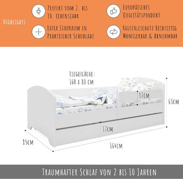 Дитяче ліжко Kids Collective 160x80 см з матрацом, висувною шухлядою, бортиком і ламелями, біле