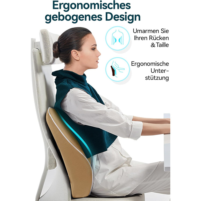Ергономічна подушка для спини з піни Memory Foam Travel Ease, ортопедичне лемденне сидіння для офісного та комп'ютерного стільця, антистатичний гіпоалергенний чохол, для комфортної постави, колір хакі