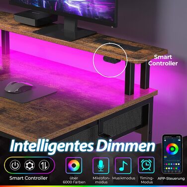 Комп'ютерний стіл Seventable з розетками та LED-підсвічуванням, 100 см, ігровий, 5 шухляд, з підставкою для монітора, для офісу, кабінету, спальні, вітальні (Вінтаж-коричневий, 140 см)