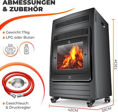 Газовий обігрівач KESSER®: газовий камін-обігрівач з інфрачервоним випромінюванням, 3.4 кВт, 2 режими, з регулятором тиску та шлангом, сумісний з бутаном/пропаном (до 11 кг), антрацит (Газовий балон не входить у комплект)