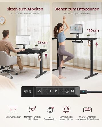 Регульований стіл VASAGLE 160x80 см, чорний: стоячий стіл з USB-C, органайзер для кабелів, пам'ять позицій, нагадування про сидіння для офісу LSD146BZ02