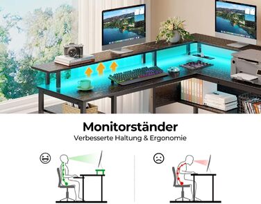 Ігровий стіл Rolanstar L-подібної форми з LED-підсвіткою та розеткою, 137 x 108 см, комп'ютерний стіл з підставкою для монітора та місцем для зберігання, реверсивний кутовий стіл для офісу/домашнього офісу (чорний)