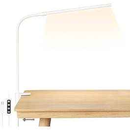 Lepro LED настільна лампа з кліпсою, архітекторська лампа зі згинаним кронштейном, настільна лампа з USB, захистом для очей, 3 кольори та 10 рівнів яскравості, для офісу, біла