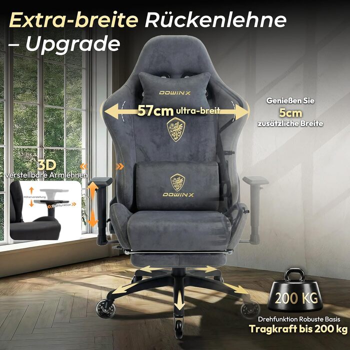 Ігрове крісло Dowinx Ergonomic Gaming Chair з підставкою для ніг та 3D підлокітниками, сіре, витримує до 200 кг, офісне крісло для геймерів
