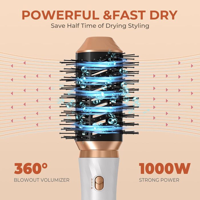 UKLISS Hairstyler 6 в 1: Професійний фен-щітка з насадками для укладки волосся 1000 Вт, повітряна щітка, мультистайлер, білий (золотий)