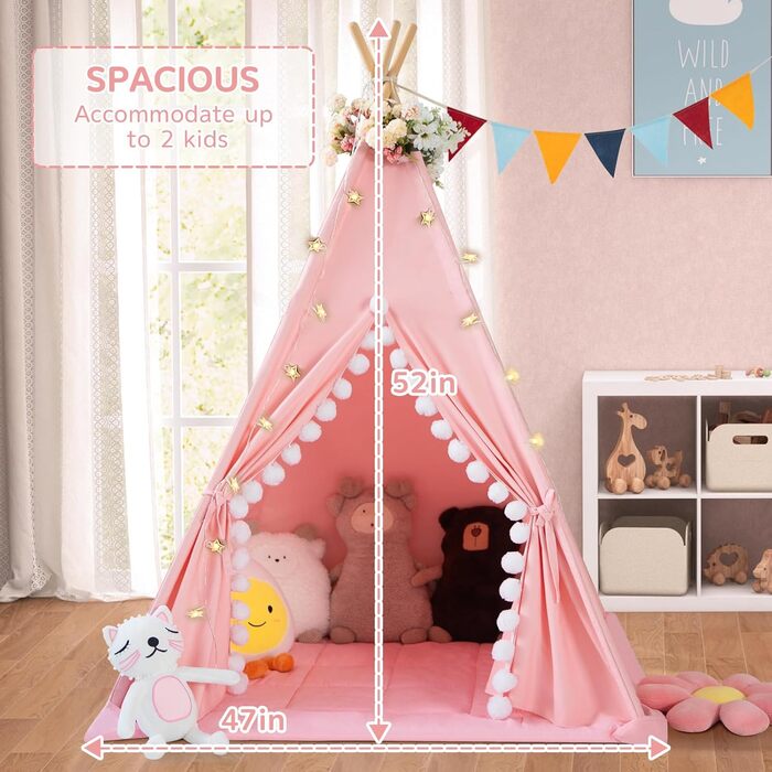 Дитяче намет Tipi з м'якою матрацом, бавовна, канвас. Намет Tipi для дітей з гірляндами, сумкою, прапором (білий, рожевий)