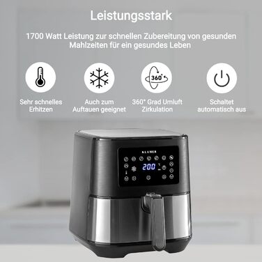 Аерофритюрниця KLAMER 5,5 л XXL, без олії, 1700 Вт, з LED-екраном, цифровою панеллю, німецькою кулінарною книгою, багатофункціональна, з нержавіючої сталі
