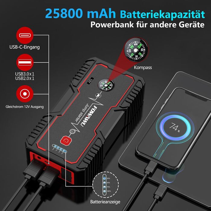 Бустер для автомобіля FOWAWU 2500A 22800mAh: пусковий пристрій для авто з бензиновим двигуном до 8л та дизельним до 6.5л
