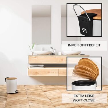 Косметичний відро для сміття VMbathrooms 3 л, білий, з м'яким закриттям, бамбукова кришка, внутрішній контейнер, для ванної