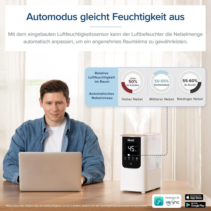 Levoit Зволожувач повітря Smart для великих приміщень 4.5 л, теплий/холодний пар, 550 мл/год, нічник, автовимкнення, білий