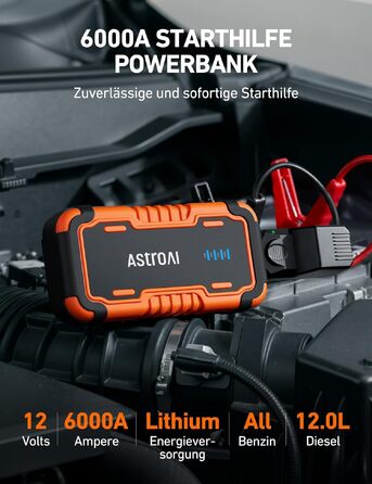 Пусковий пристрій AstroAI Powerbank для автомобіля (ПКВ), портативний бустер з USB QC 3.0, помаранчевий