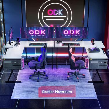 Ігровий стіл ODK кутовий L-подібний з підставкою для монітора, білий, 127x127 см, для геймерів та офісу