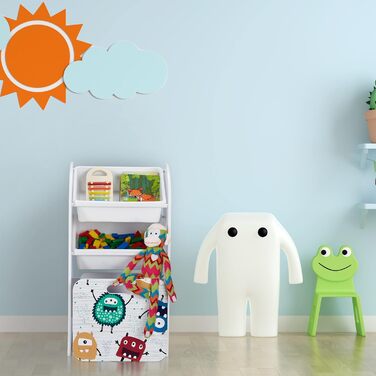 Дитячий стелаж Relaxdays з 3 коробками на роликах, монстр, білий, 80,5x42,5x30 см, іграшковий органайзер