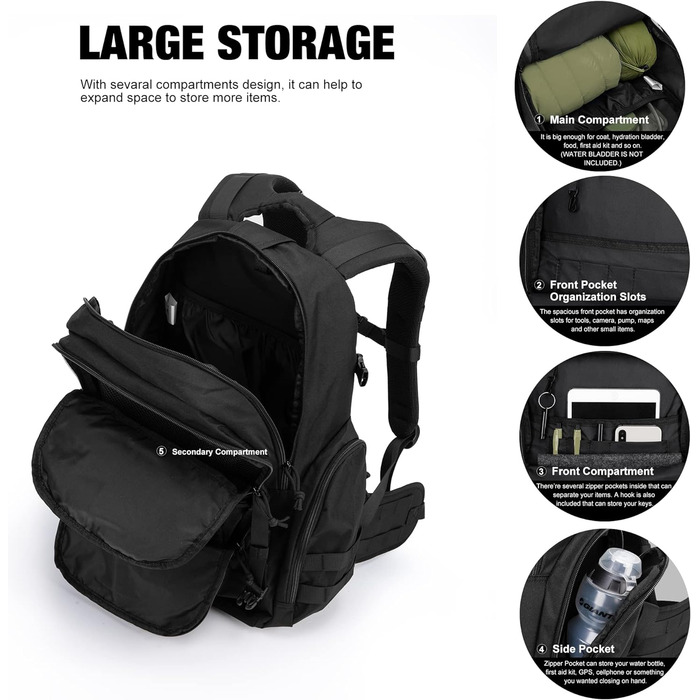 Mardingtop тактичний військовий рюкзак 40л з MOLLE, чорний, для туризму, походів і кемпінгу