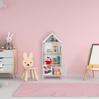 Дитяча полиця Relaxdays з героїнями, 4 відсіки, 93x63x28 см, шафа для іграшок з дверцятами, біла/рожева, для дитячої кімнати