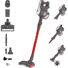 Пилосос Hoover H-FREE 100 PETS для прибирання шерсті тварин, акумуляторний, без мішка, з насадкою для тварин, до 40 хв роботи, бездротовий, LED-підсвітка, XL контейнер, функція паркування, насадка-щіточка, червоний/титан