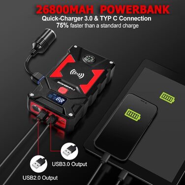 Бустер автозапуску FNNEMGE 9000A 26800mAh для бензинових та дизельних двигунів до 10.0л, пусковий пристрій Powerbank 12V з Quick Charge 3.0 та LED-ліхтарем