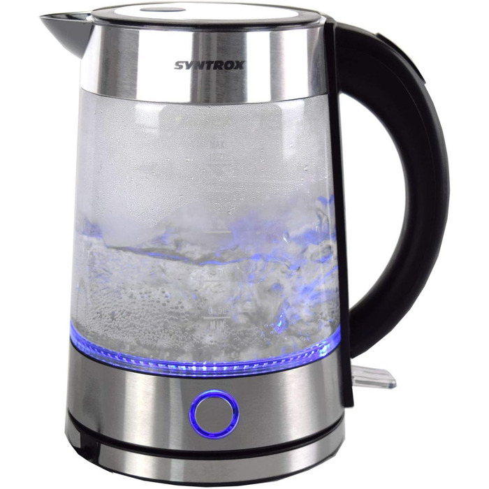 Електрочайник Syntrox Germany WK-2000W, 1.7 л, 2000 Вт, нержавіюча сталь, скляний, бездротовий, з синім LED підсвічуванням