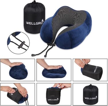 Дорожній набір WELLGRO: ортопедична подушка для шиї з пам'яттю форми, 3D маска для сну, беруші, знімний чохол, темно-синя